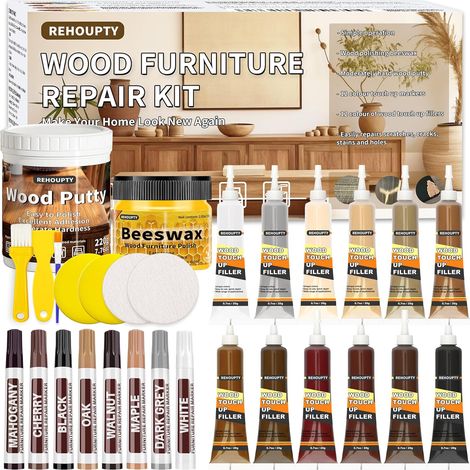 Kit Retouche Multicolore Pour Parquet Stratifié Et Meubles En Bois 12 Teintes De Mastic Bois, 8 Teintes De Feutre Retouche Et Cire D’Abeille Pour Réparer Les Surfaces En Bois (1/5)