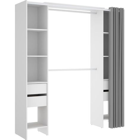 Pegane – Armoire dressing extensible modulable avec rideau – 4 tiroirs – Longueur 100-180 x Hauteur 203 x Profondeur 50 cm – Panneaux de particules blanc (1/5)