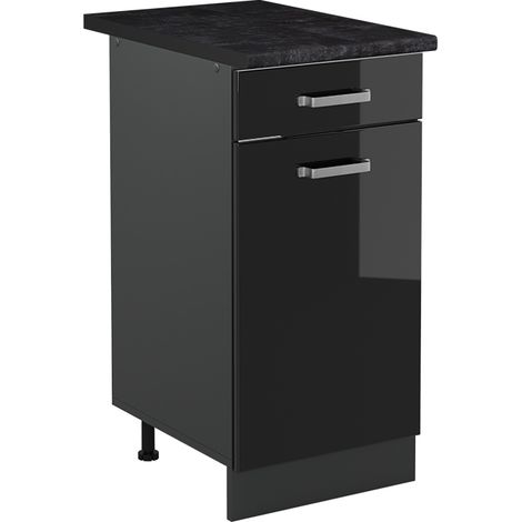 Mobiletto base cucina R-Line, Nero lucido/Antracite, 40 cm piano di lavoro Antracite, Vicco
