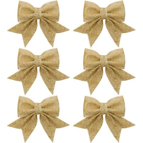 Lot de 6 nœuds de Noël à paillettes - En satin - Pour décoration de sapin de Noël - Dorés