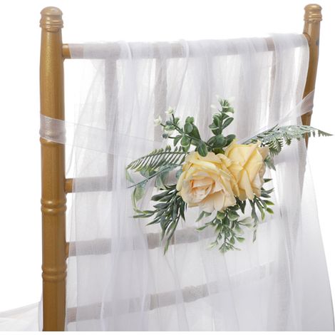 Décoration de chaise de mariage : rose réaliste en plastique, ruban jaune de 60 cm pour le dossier de la chaise. (1/2)