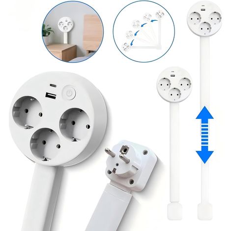 Multiprise avec 5 prises, USB-A/USB-C ports, 47 - 67cm Extensible, Interrupteur ON/OFF