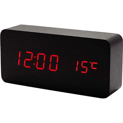 Horloge numérique en bois multifonctionnel LED réveil commande vocale adapté à la maison noir bois rouge lumière (1/2)