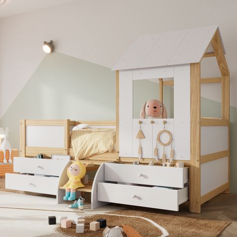 MEUBLIV Cama infantil 90x200 cm blanca y natural – 4 cajones, pequeño escalón, sin colchón (1/5)