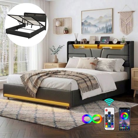 Stauraumbett 140x190 cm, mit hochklappbarem Lattenrost, Doppelbett für Erwachsene aus Kunstleder, Kopfteil mit LED-Beleuchtung und USB-Anschlüssen, modernes Design - Schwarz