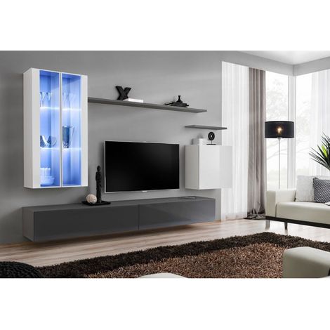 Ensemble mural - Switch XII - 2 vitrines LED - 2 bancs TV - 1 vitrine carrée - 3 étagères - Blanc et graphite - Modèle 1 - Livraison gratuite