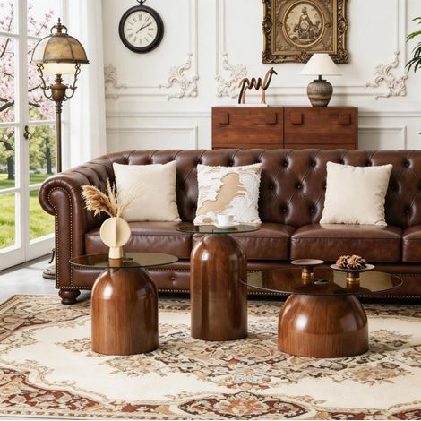 Couchtische 3er-Set aus Metall und Hartglas, Walnussoptik, rund, platzsparend ineinander stellbar,40x40x50 cm (1/5)