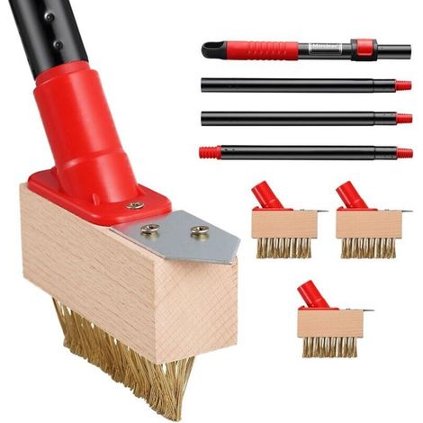 Weed Brush with Telescopic Handle (135 cm), Weed Tool with Wire Brush and Blade Scraper, Remove Moss from Paver Blocks, Driveways (3 Brush Heads)