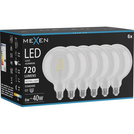 Mexen Vintis 6x Ampoule filament LED E27, G125, 6W, Neutre - 4000K, 720 lm, transparent - L158-E27-0640-00x06 (1/5)
