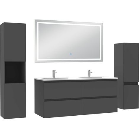 Aica Ensemble meuble Salle de Bain 120cm avec Colonne et Miroir Lumineux Tricolore, Anthracite
