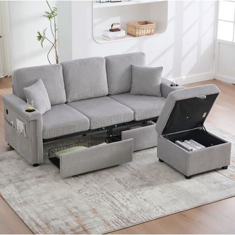 Canapé d'angle 3 places en velours côtelé gris clair– Canapéen en L avec pouf amovible – 2 tiroirs, LED+port USB-C – porte-gobelet et poches latérales (1/5)