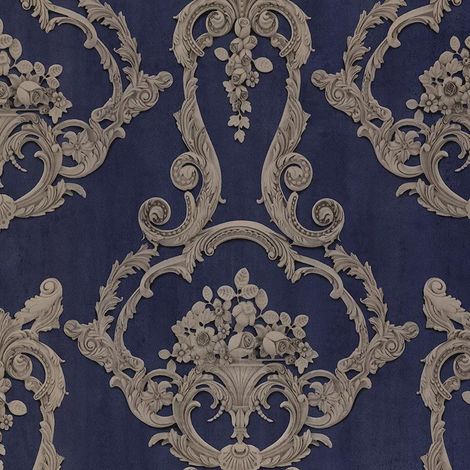 Grosvenor Damask Wallpaper Debona Vintage Classic Navy Blue Beige Traditional (1/5)
