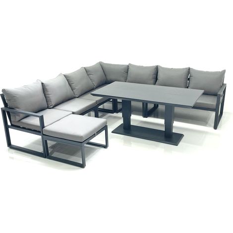 Fimous 8 Seater Outdoor Aluminum Garden Furniture Set Corner Sofa Big Footstool Adjustable Rising Lifting Dining Table Sets Dark Grey (1/5)