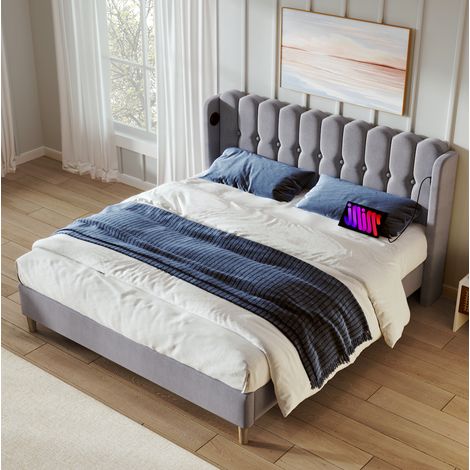 Bett 160x200 Doppelbett USB Typ C Leinen Grau HAVRYA (1/5)