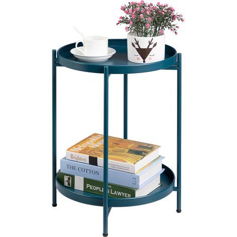 Table D'appoint Ronde Métal Petite Table Basse 2 Etages Bout de Canapé pour Salon Chambre Balcon Terrasse Jardin, Vert Paon (1/5)