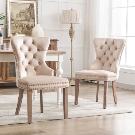 Lot de 2 chaises de salle à manger en velours beige, pieds réglables, dossier capitonné HAVRYA (1/5)