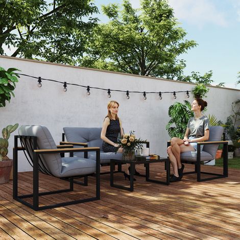 Salon de jardin extérieur 4 personnes avec canapé. 2 fauteuils et table basse en verre trempé. coussins inclus. gris
