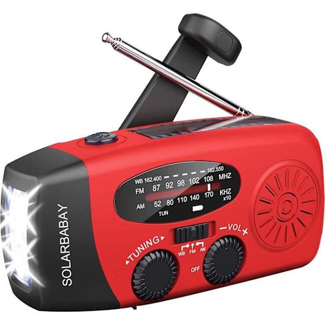 Radio d'urgence à cellules solaires, à manivelle autonome avec lampe torche LED. (1/4)