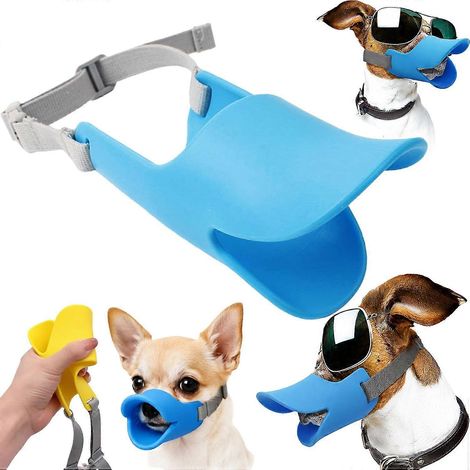 Muselière chien bec de canard jaune taille moyenne, souple silicone sangle ajustable chiens petite/moyenne taille bleu (1/5)