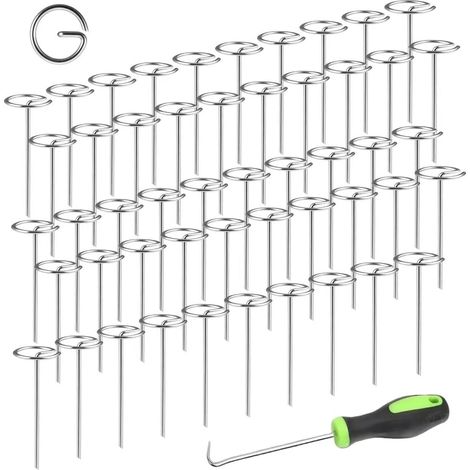 Lot de 50 piquets de terre en forme de G - 15 x 3 cm - Galvanisés pour bâche anti-mauvaises herbes, grille de pelouse et tente - Avec crochet d'extraction (1/5)