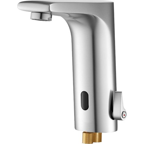 Robinet de lavabo sans contact avec détecteur de mouvement, mitigeur réglable eau chaude froide, finition nickel brossé argenté (1/5)