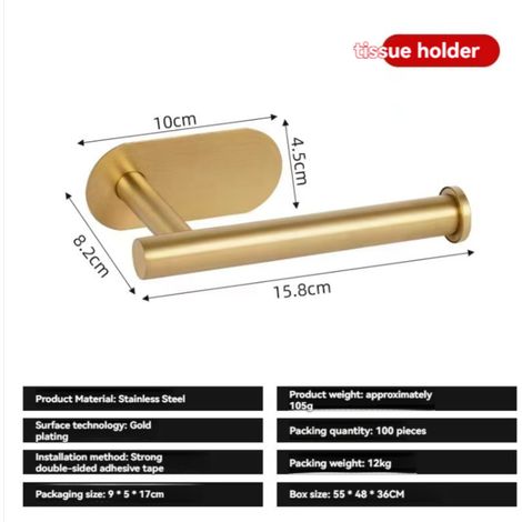 Portarrollos de papel higiénico de acero inoxidable, para montaje en pared sin necesidad de taladrar, para baños y bares (modelo corto dorado). (1/5)