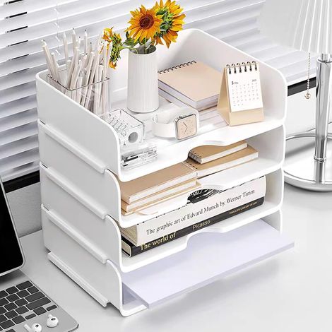 Organiseur de bureau et rangement, trieur de documents à 4 niveaux, blanc Organiseur de bureau blanc empilable, compartiments de rangement pour documents, papier, livres et magazines, fournitures de (1/5)
