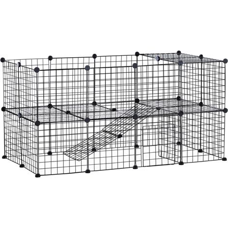 Pawhut – Cage parc enclos modulable 2 niveaux pour petits animaux – 36 panneaux en acier noir – Dimensions 146x73x73cm – Connecteurs multiangles ABS