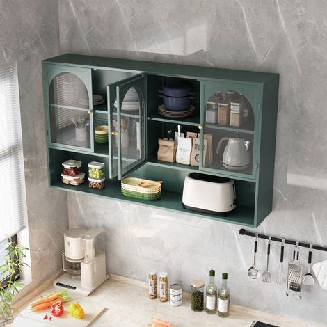 Mueble alto de pared 120x23x70 cm de metal y vidrio, verde oscuro, cocina FloraGrace (1/5)
