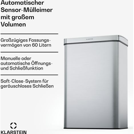 Klarstein Sensor-Mülleimer 60L - berührungslos mit Bewegungssensor, Edelstahlgehäuse, Soft-Close-Deckel, ideal für Küche & Büro (1/5)