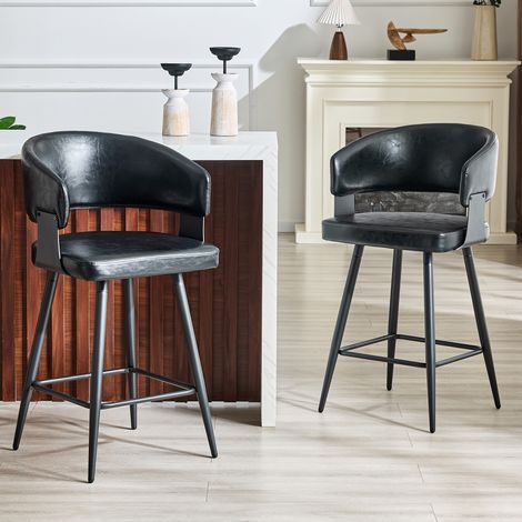 Set 2 sgabelli da bar nero con schienale, seduta ergonomica e poggiapiedi, in metallo e PU, altezza 94,5 cm (1/5)