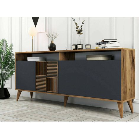 Dmora - Consolle Jole, Credenza da soggiorno, Armadio basso per TV, Base parete attrezzata, 180x35 h79 cm, Noce e Antracite (1/5)