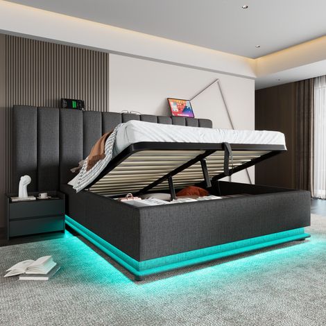 Letto contenitore 160x200 cm grigio in lino con LED, ricarica USB-C e sollevamento idraulico (1/5)
