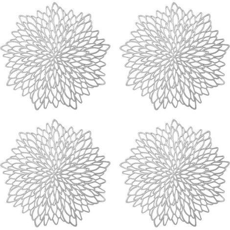 Set de Table Rond évidé, 4 pièces Set de Table Rond Argent métallisé Set de Table antidérapant Tapis de Protection en PVC à Coaster en Plastique Mats (1/5)
