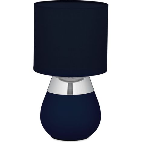 Relaxdays Tischlampe, Metallfuß, Stoffschirm, E14, HxD: 32 x 18 cm, Nachttischlampe mit Kabel, Schlafzimmer, blau/silber