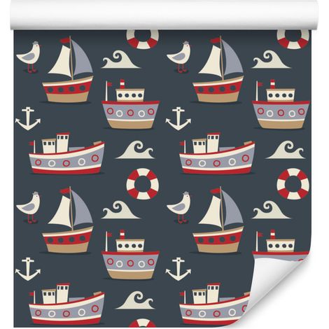Papel pintado con coloridos barcos y anclas para salón y dormitorio, 50x1000 cm. (1/5)