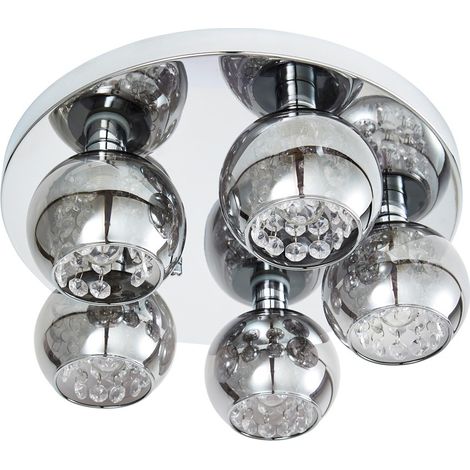 Litecraft Seren Ceiling Light Bathroom Flush 5 Arm With Smoke Shade - Chrome