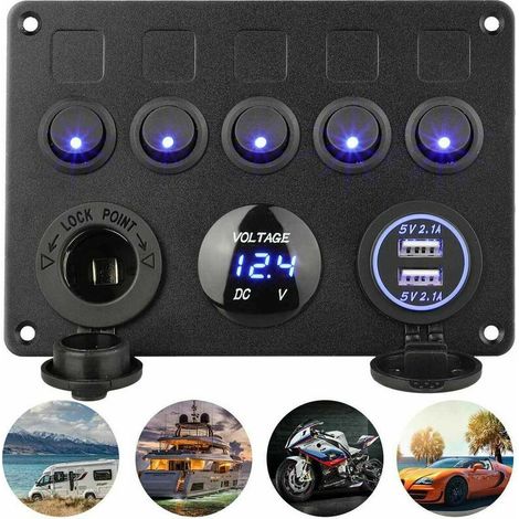 5 Gang Panneau de Commutateur à Bascule Interrupteur à Bascule Panneau Tableau Electrique Bateau Voiture Etanche Double USB DC 12V/24V LED Camion Remorque Marine Véhicules SUV Camping-Car, (1/5)