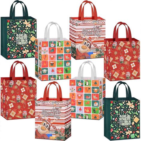 Sacs cadeaux de Noël AhfuLife, 26 x 21 x 12 cm, lot de 8 sacs fourre-tout réutilisables en non-tissé pour les friandises de Noël des enfants, avec poignées. (1/5)