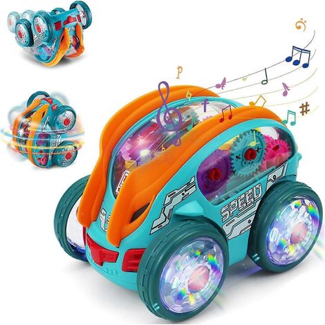 Transparentes Zahnradauto mit Licht und Musik – Leuchtendes Krabbelspielzeug für Kinder, Jungen und Mädchen, Stoß- und Fahrrennauto mit beweglichen Zahnrädern