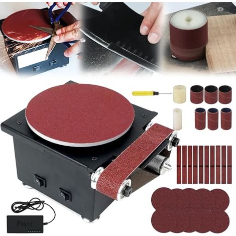 Ponceuse à Bande, 350W Ponceuse à Disque à Bande Ponceuse à Disque Table Diamètre Disque Ponçage 150mm 10 Disques Papier Verre 10 Bandes Abrasives 2 Rouleaux 6 Bandes Abrasives Convient