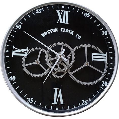 Horloge engrenages argent fond noir Boston