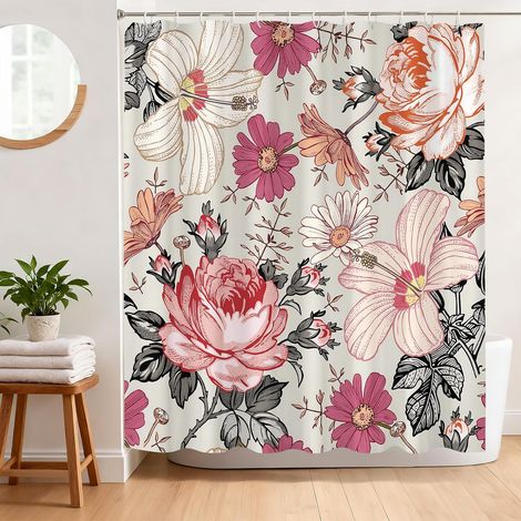 Rideau de Douche Anti Moisissure 180 x 180 cm Rideau Douche Rose Fleurs Tissu Polyester Imperméable Lavable Rideau Baignoire avec 12 Crochets (1/5)
