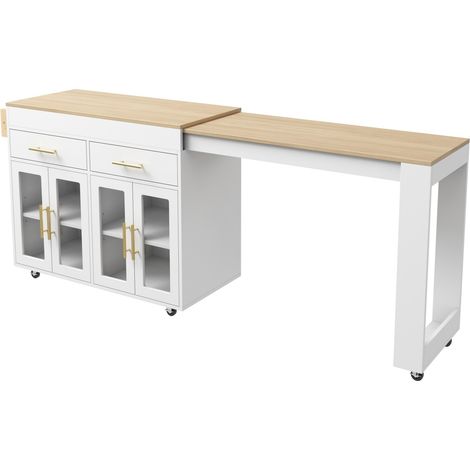 Isola cucina mobile con ruote, piano estensibile, contenitore, bianco, 132,5-217 x 50 x 93 cm (1/5)