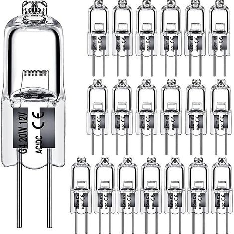 Lot de 20 ampoules halogènes G4, 20 W, 12 V, culot à 2 broches, ampoules à capsule transparente. (1/5)
