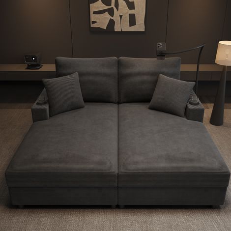 Canapé convertible 2 places 163x140x82 cm en tissu côtelé gris, relax pour salon FloraGrace (1/5)