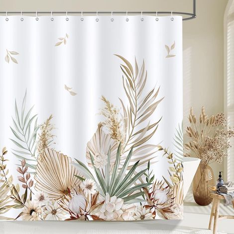 Rideau de douche boho palmier/fleur 180 x 200 cm, tissu polyester lavable, imperméable avec 12 crochets (1/5)