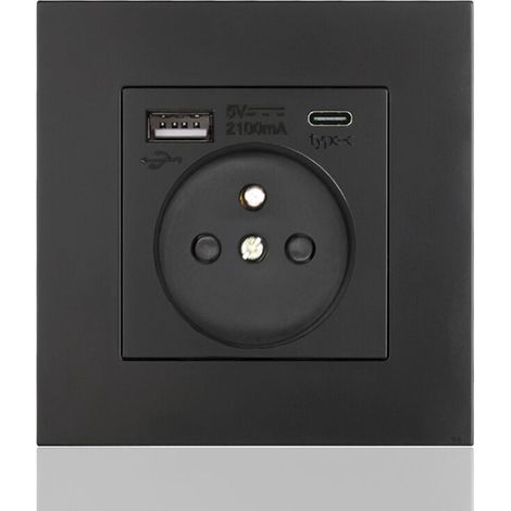 Prise murale USB-C et USB 16 A Coocheer – 2 prises + 1 port USB + 1 port USB-C, design carré noir, installation horizontale/verticale