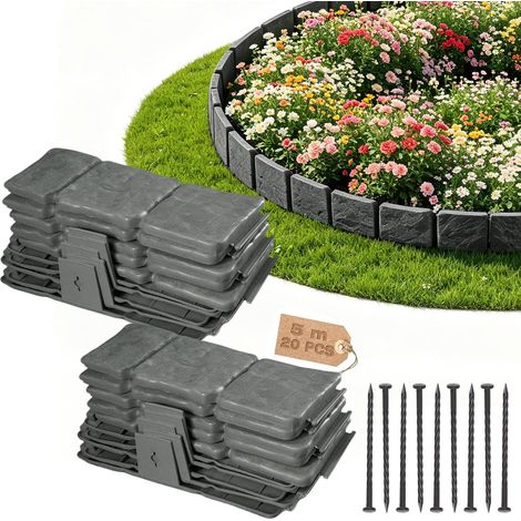 Garteneinfassung, 10 x 25,5 cm, Raseneinfassung, 20 Stück, graue dekorative Garteneinfassung für Wege, Rasenflächen und Blumenbeete (1/5)