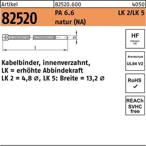 HELLERMANNTYTON Kabelbinder R 82520 4,8 x 120/ 28Polyamid 6.6 natur LK2 200 Stück
